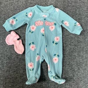 Carter's Blue and Pink Floral 'Little Sister' Footie with matching pink mittens